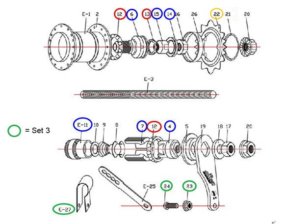 Rear hub spare, set 3