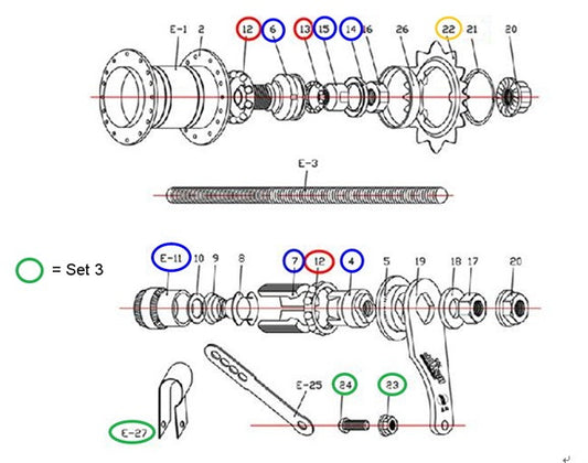 Rear hub spare, set 3
