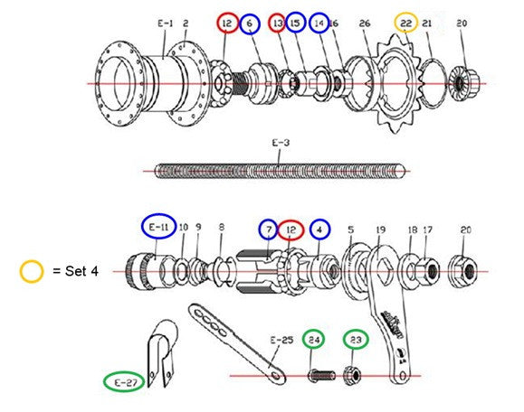Rear hub spare, set 4